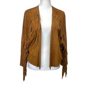 American Eagle Brown Goat Suede Leather Fringe Jacket Womens M Western Festival